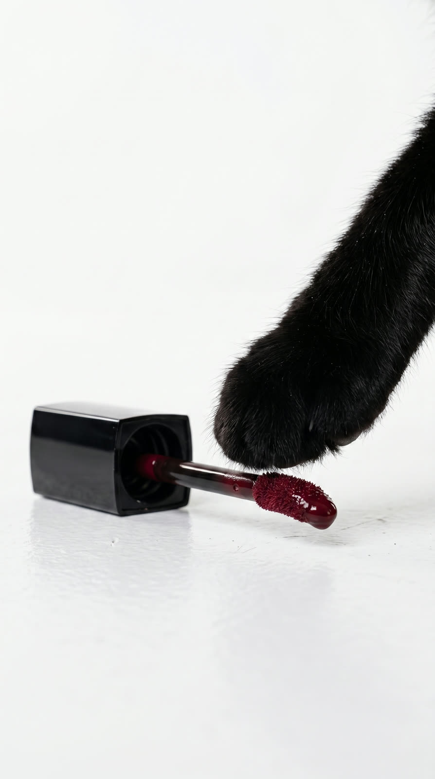 Zampa di gatto sfiora l'applicatore del rossetto liquido