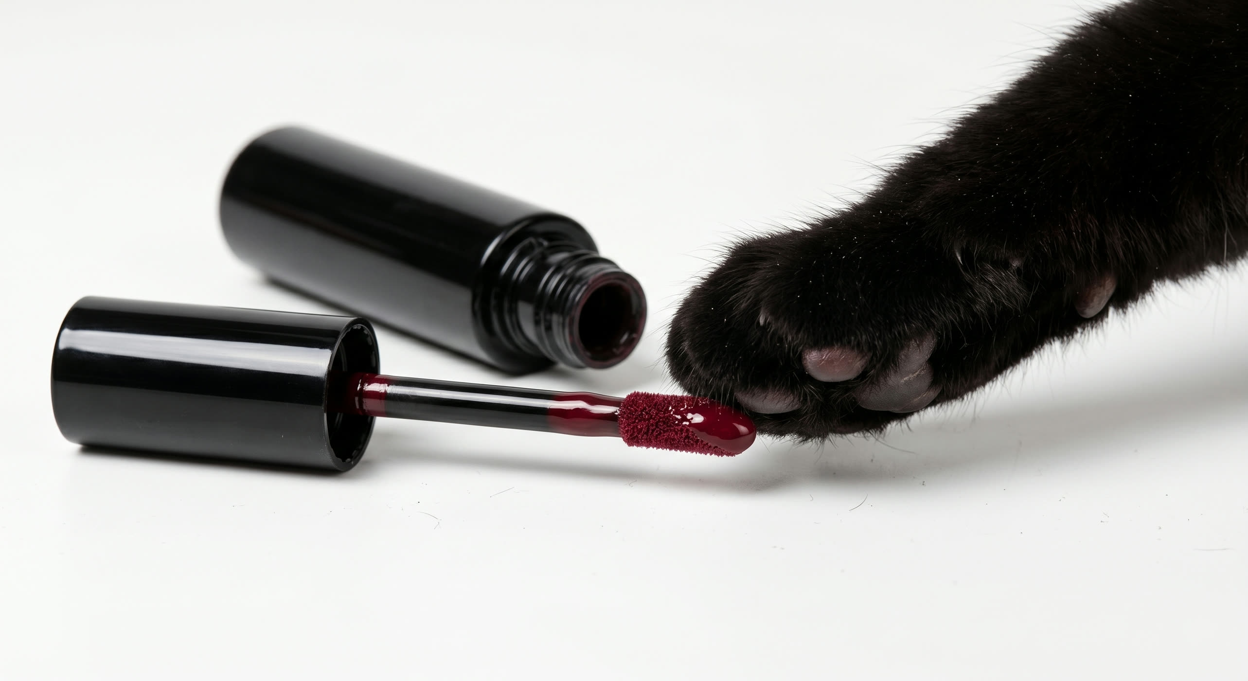 Zampa di gatto nero tocca l'applicatore di un lip gloss bordeaux