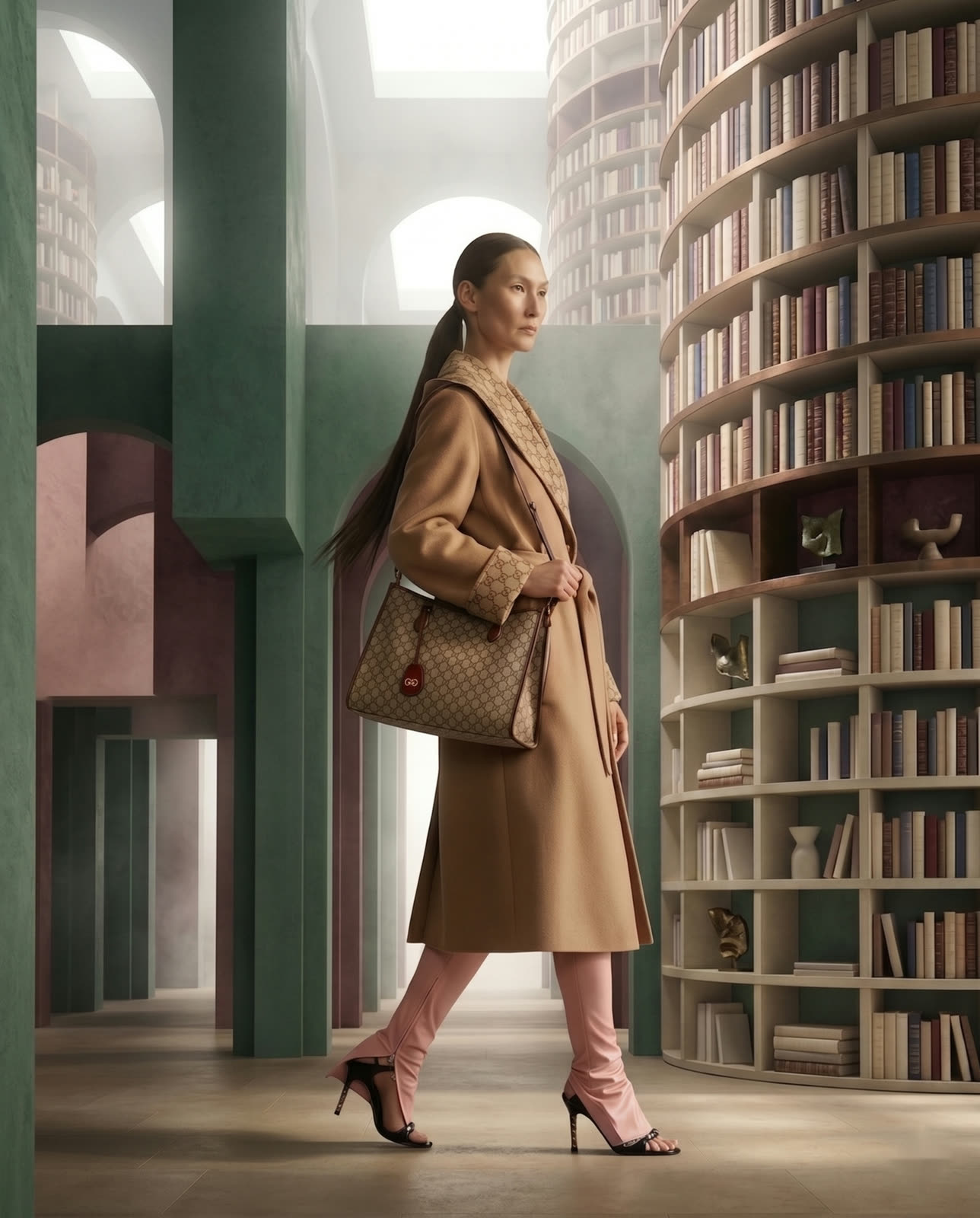 Modella in cappotto cammello cammina in una biblioteca surreale con torri di scaffali