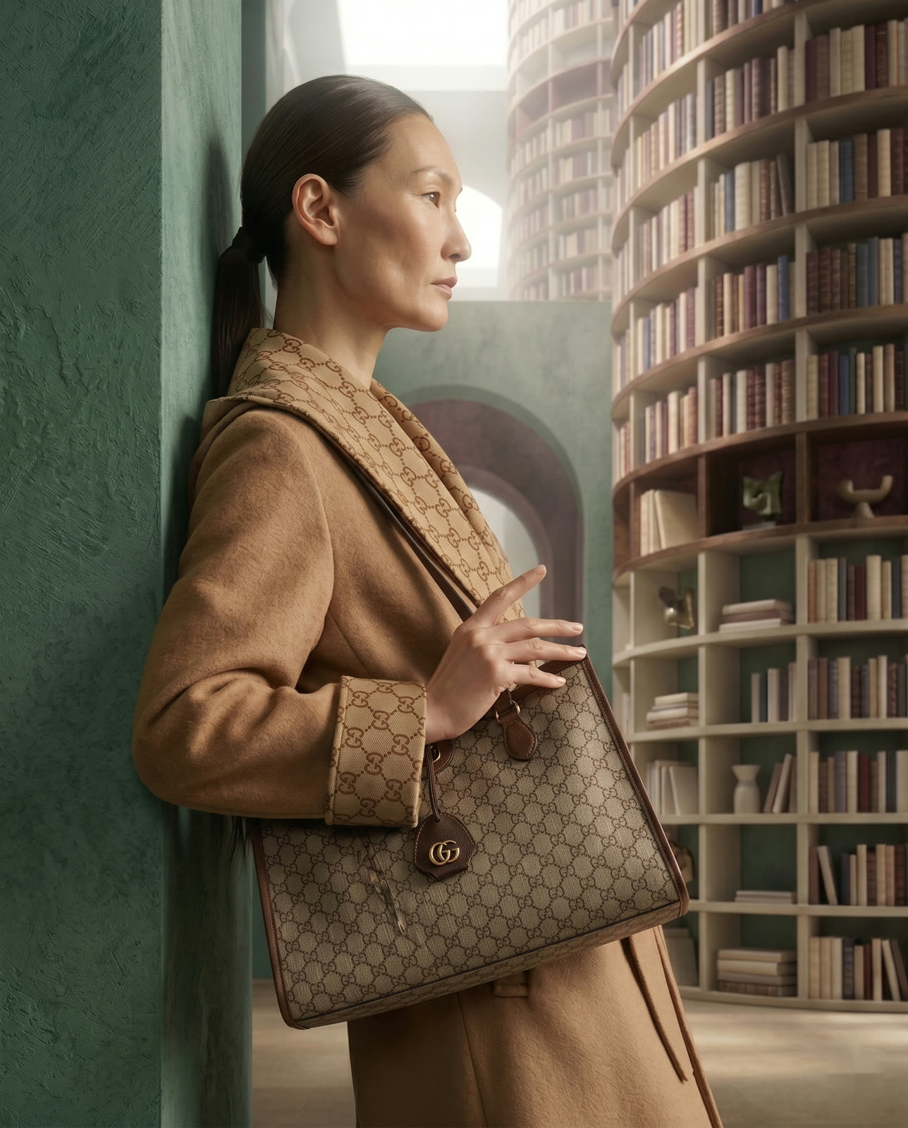 Mezza figura della modella appoggiata a una parete verde salvia con la borsa a spalla