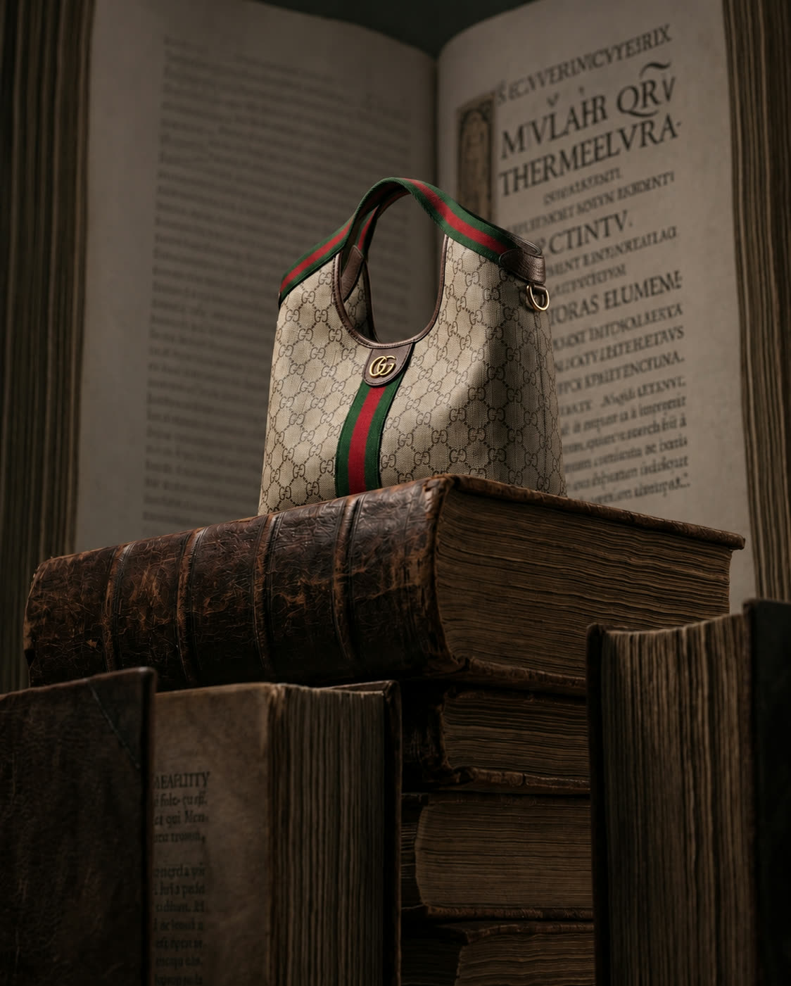 Borsa in canvas monogramma appoggiata su una pila di libri antichi