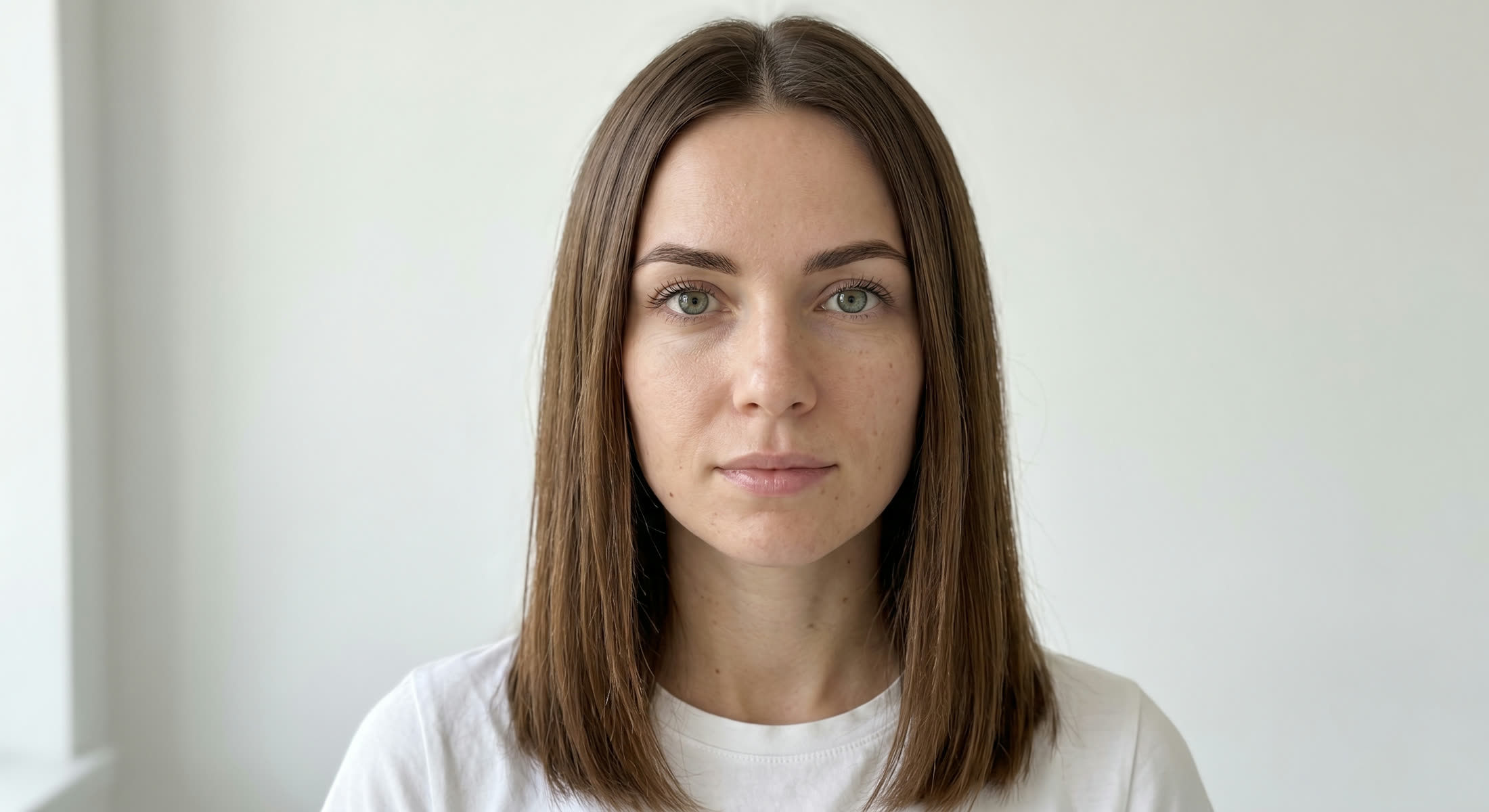 Ritratto neutro della modella senza trucco in t-shirt bianca
