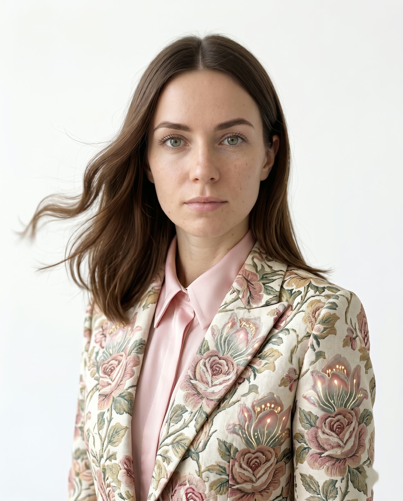 Ritratto a mezzo busto con blazer jacquard floreale su camicia rosa