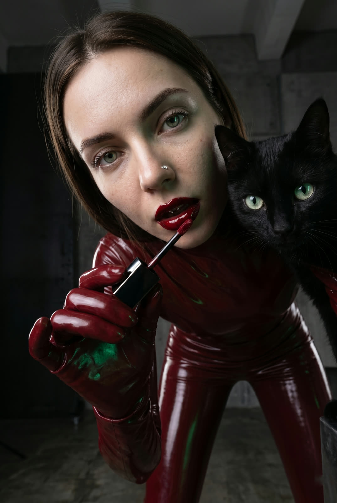 La modella con gatto nero sulla spalla si applica il rossetto in un interno di cemento
